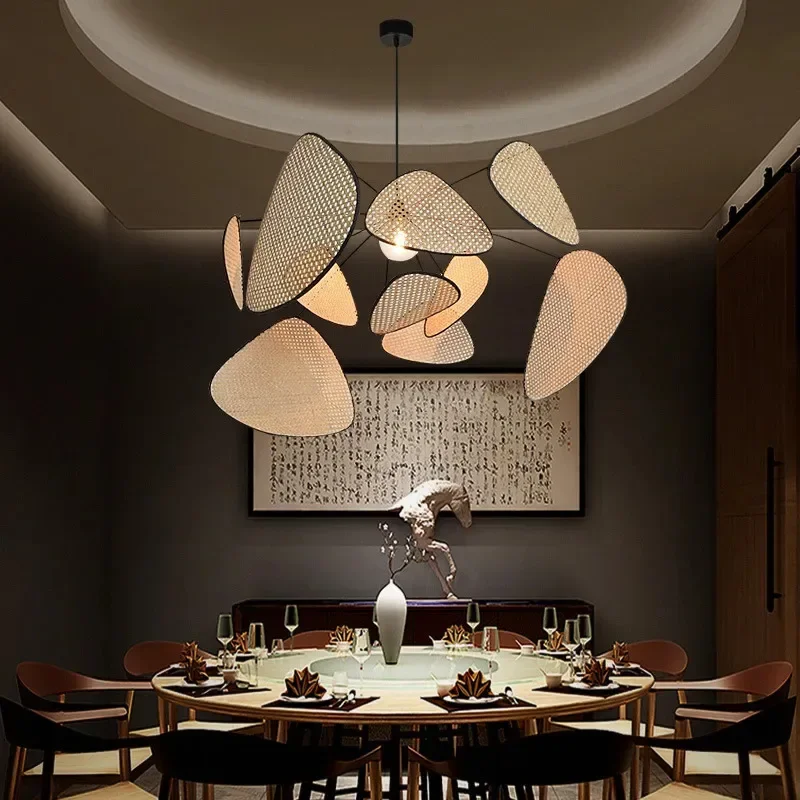 

Postmodern LED Ceiling Chandeliers Leaf Grid Rural Hand Made Rattan Pendant Light Home Living Room Bedroom Art Decor Suspen Lamp