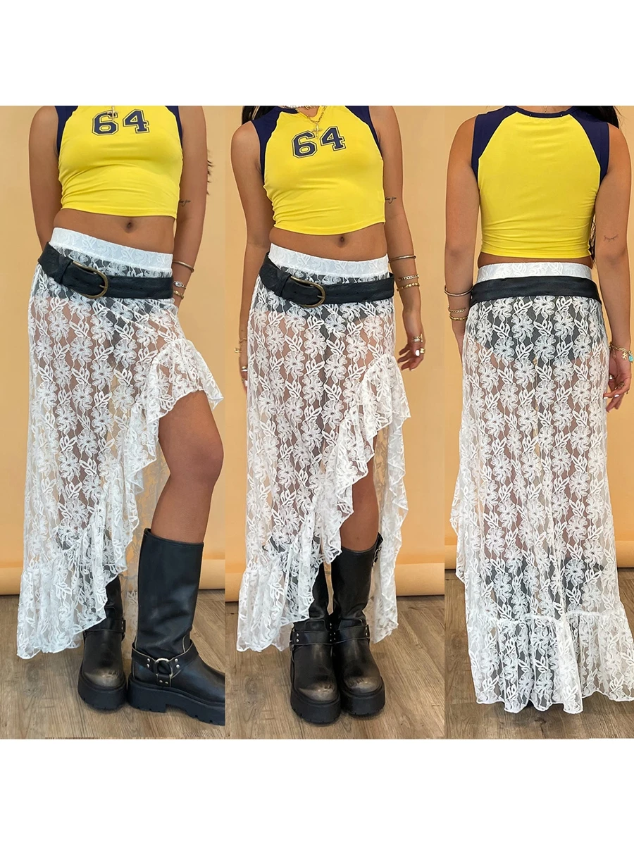 Damen Spitze langen Rock elastische Taille asymmetrischen Saum gekräuselten Midi-Rock Sommer Strand Party Rock