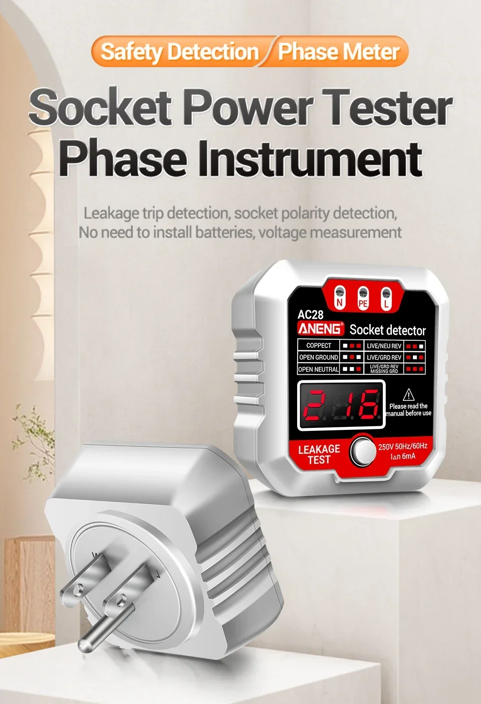 ANENG AC28 Digitaler Steckdosen-Leistungstester, Leistungsschalter-Finder, EU/US-Stecker, 250 V, 50 Hz/60 Hz, Steckdosen-Polaritätsdetektor, Spannungsprüfer – Detail 1