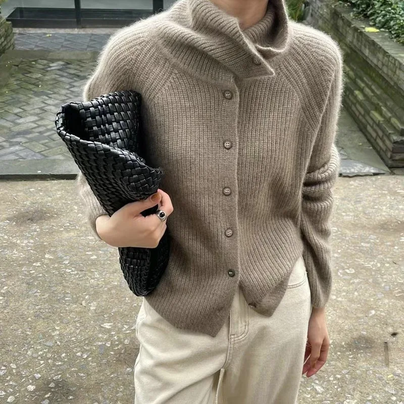 2026 Solid Knit Turtleneck Cardigan Lady Sweater Autumn Winter Loose Thicken Single Breasted Cashmere Base Sweater Knitted Coats