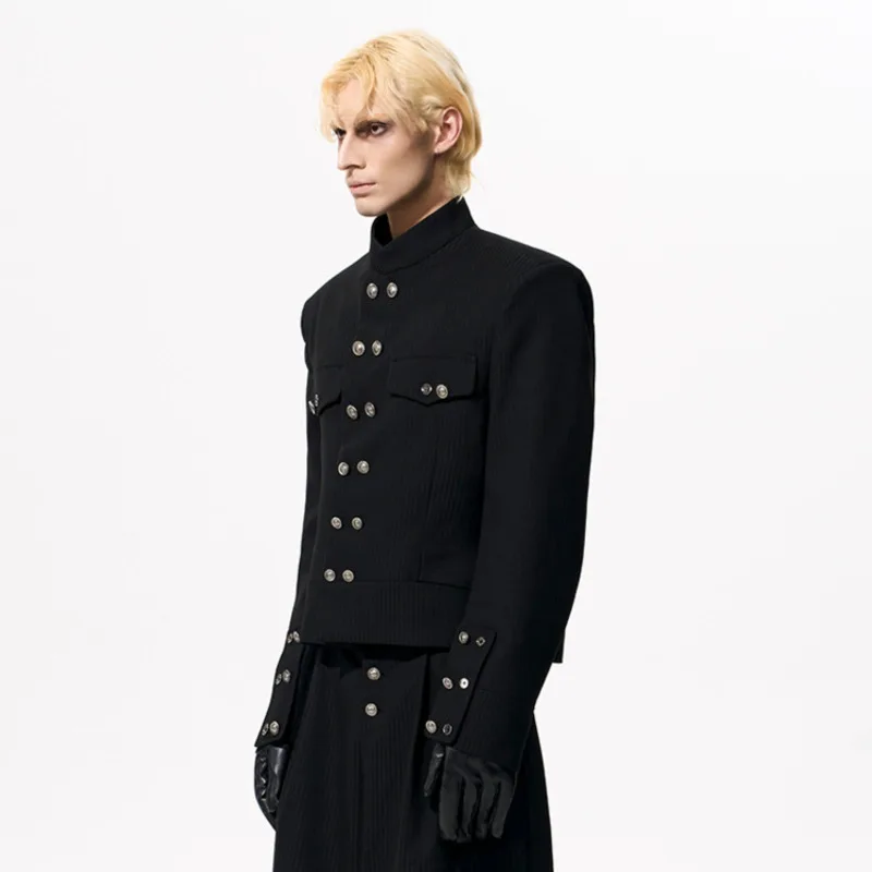HKSH Spring Autumn New Men's High Street Dark Striped Double Breasted Stand Collar Buttons Blazer Trendy Chic Punk Pants HK16572