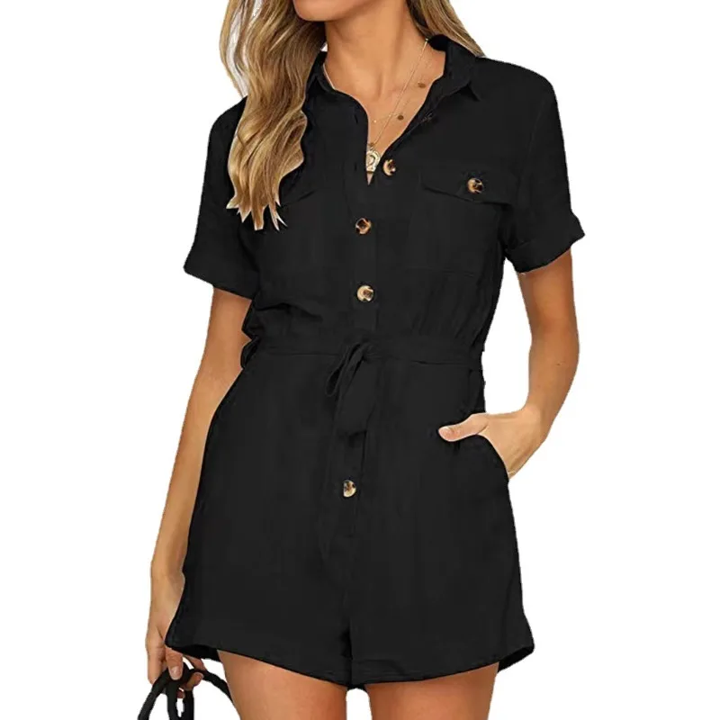 

Summer Solid Color Casual Women's Jumpsuit Shorts Single Breasted Turndown Collar Short Sleeved Rompers