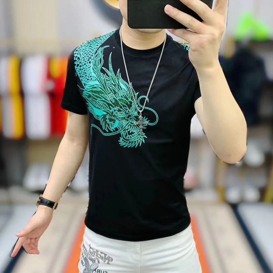 Chinese Style Dragon Printed Rhinestones T-shirts Men Short Sleeve Slim Fit T-shirts Round Neck Social Streetwear Tee Tops M-4XL