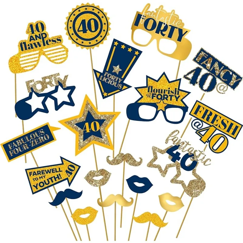 

20PCS Navy Blue Gold 40th Happy Birthday Photobooth Props Selfie Props Fully Assembled Celebration for 40th Birthday Party Decor