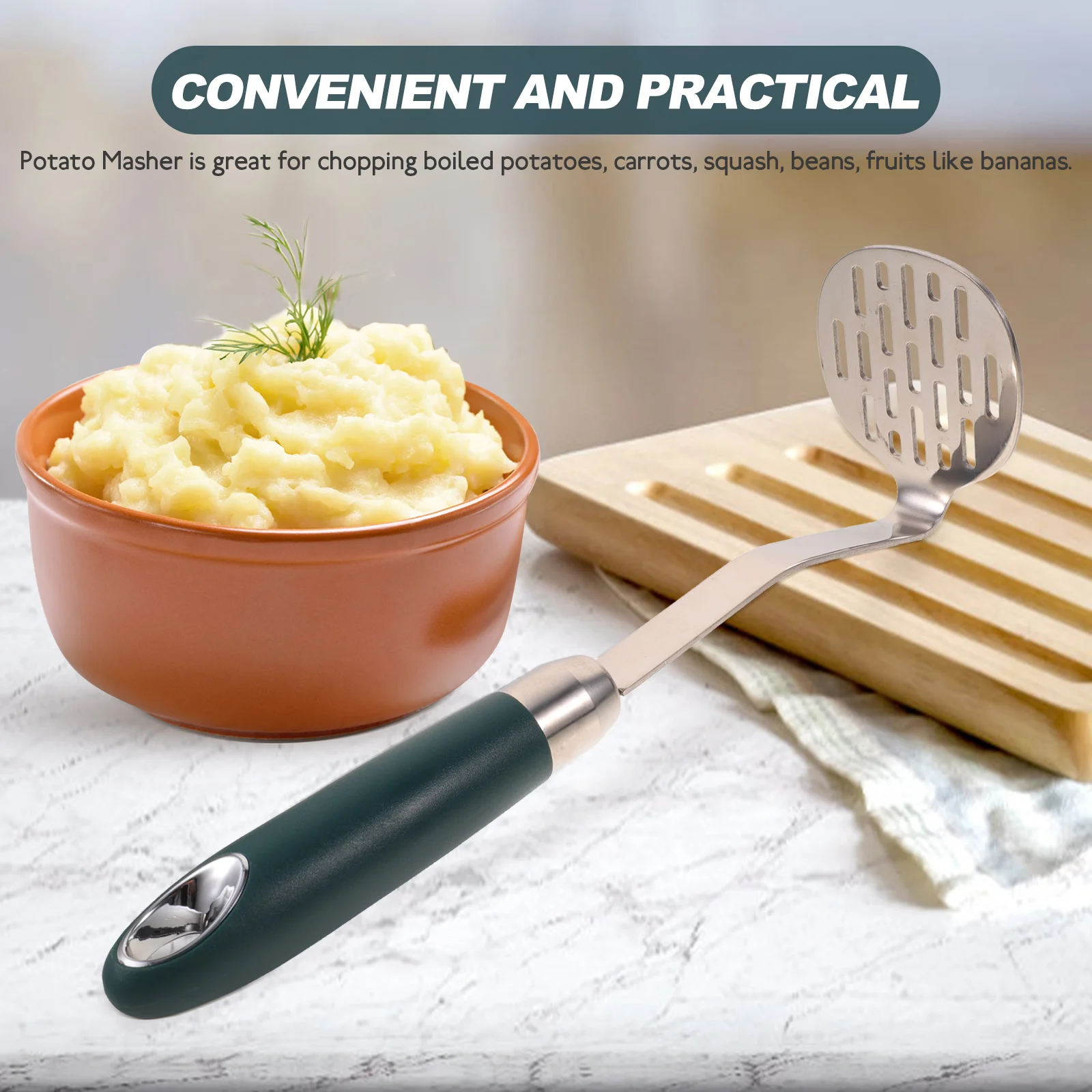 

Stainless Steel Potato Masher Premium Food Grade Strong Grip Thickened Plate Fine Mesh Easy Pressing Boiled Potatoes Carrots