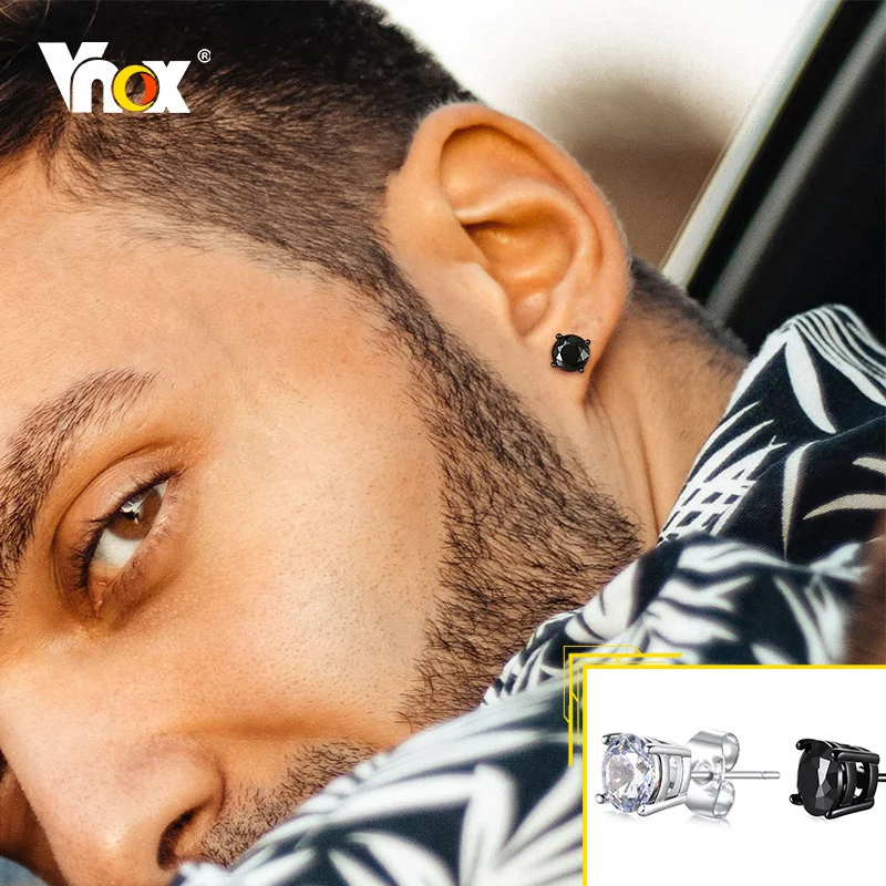 Vnox Punk Rock Stud Earrings for Men Women, Black Gothic Earrings, Stainless Steel Ear Jewelry with AAA CZ Stone, Cool Gift