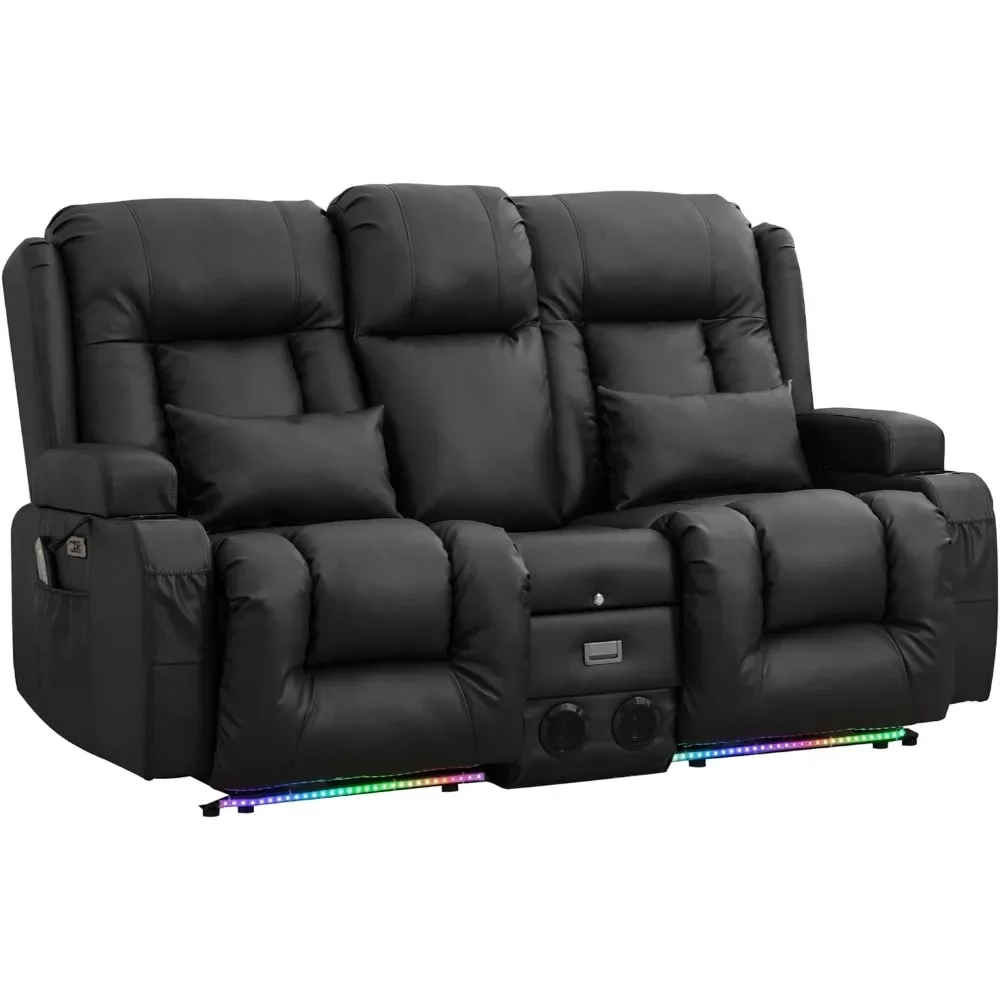 Recliner Sofa, Flipped Middle Backrest/Bluetooth Speakers/USB/Built-in Outlets, LED Ambient Light, Double Recliner Sofa