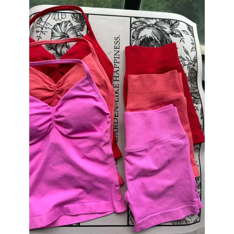 2 قطع النساء اليوغا مجموعة سلس تأثير الخطوط الطويلة Strappy تانك القمم Scrunch السراويل الرياضية الصالة الرياضية ملابس امرأة الصيف تجريب الزي #3