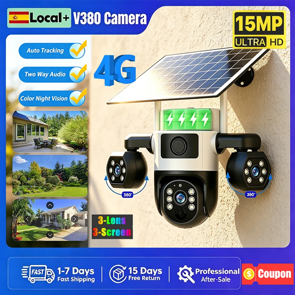 Cámara de Seguridad Solar V380 Pro de 15MP con Tres Lentes y 4G, Cámara de Vigilancia Inalámbrica para Exteriores con Detección de