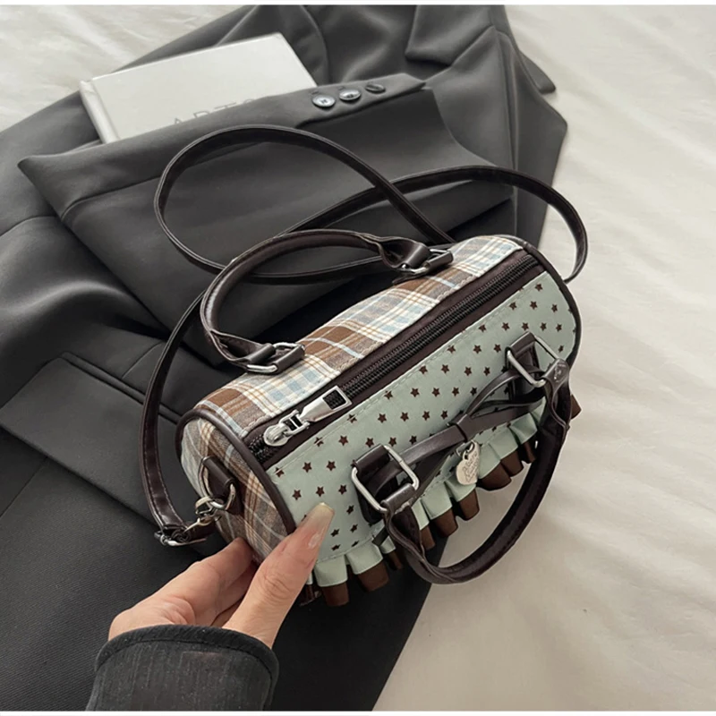 Koreanische Bogen Polka Dot Tasche Mode Bowler Tasche Farbe-blockiert Spitze Y2k Stil Handtasche Retro Süße Plaid Crossbody Zipper schulter Tasche – Detail 15