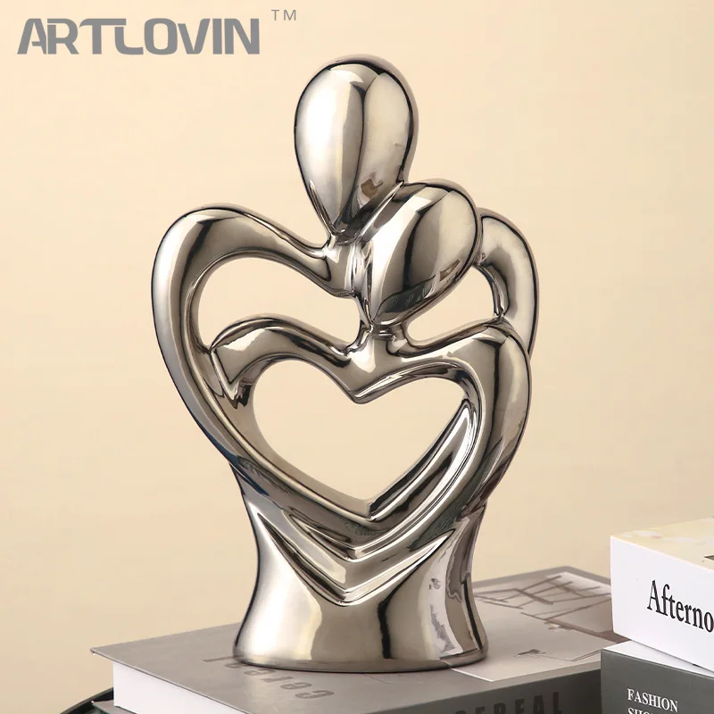 

Silver Heart In Heart Sculpture Abstract Ceramic Electroplating Lover Figure Hug People Statue Bust Wedding Gift Home Decoration