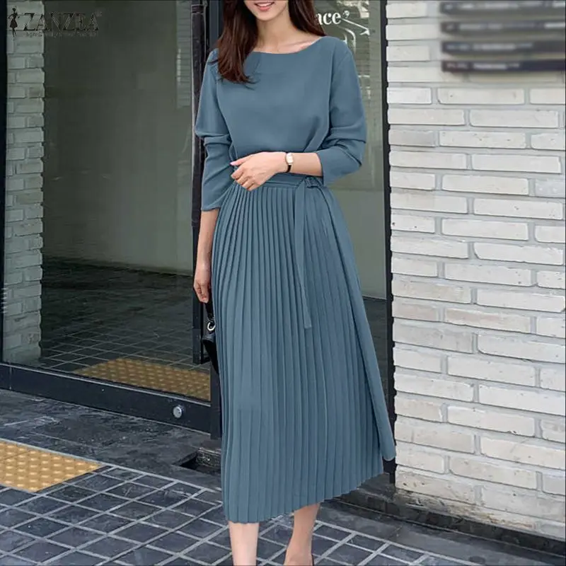 ZANZEA 2025 فساتين قميص طويلة أنيقة للخريف بأكمام طويلة فساتين نسائية عصرية بطيات غير رسمية فضفاضة وشاحات رداء الحفلات #2