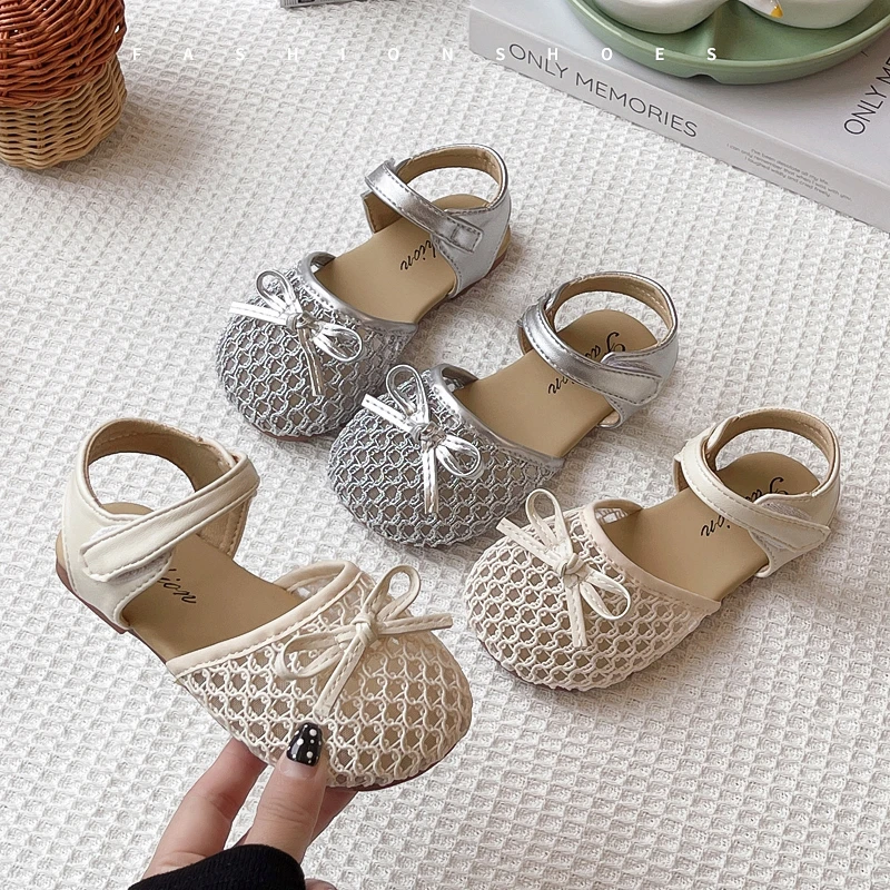 

Spring Girl's Sandals Bowknot Mesh Sweet Daily Kid's Flat Shoe Solid Colors Anti-slip Cute Fashion Casual Children Shoes