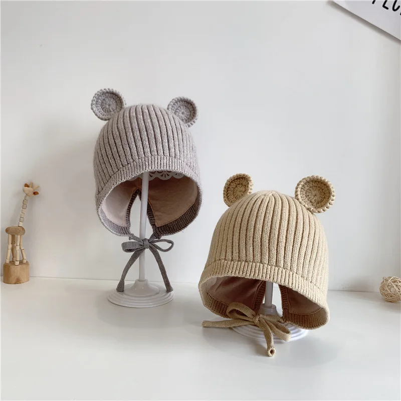 2024 Cute Baby Knitted Hat With Ear Baby Beanie Cap for Boys Girls Autumn Winter Warm Adjustable Kids Beanie Newborn Baby Cap