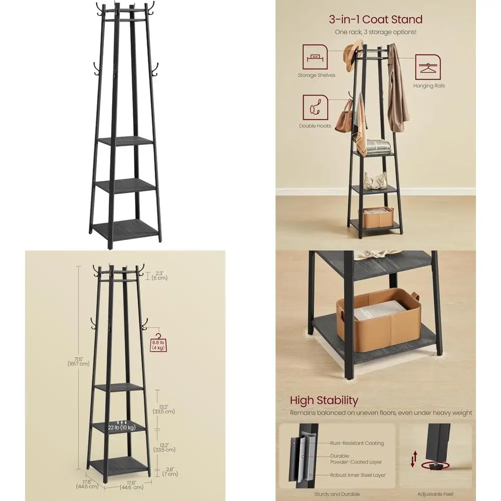

Отдельно стоящая вешалка для одежды с 3-мя полками и крючками для аксессуаров, стальной каркас, индустриальный стиль