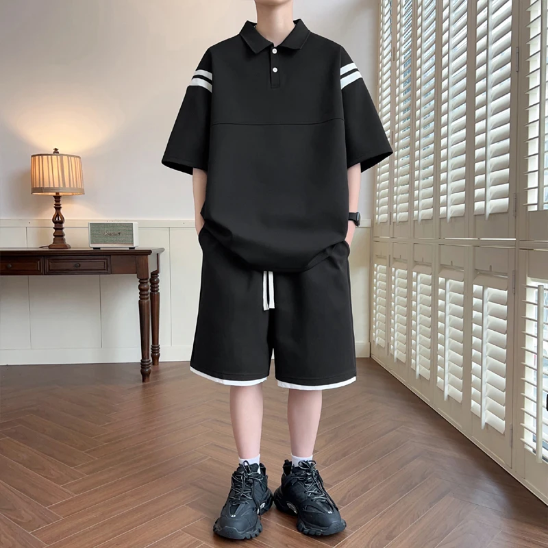 2024 Summer Mens Casual Sets Short Sleeve Polo Shirts + Elastic Waist Shorts 2 Piece Tracksuit Men Streetwear Loose Top Tee Suit