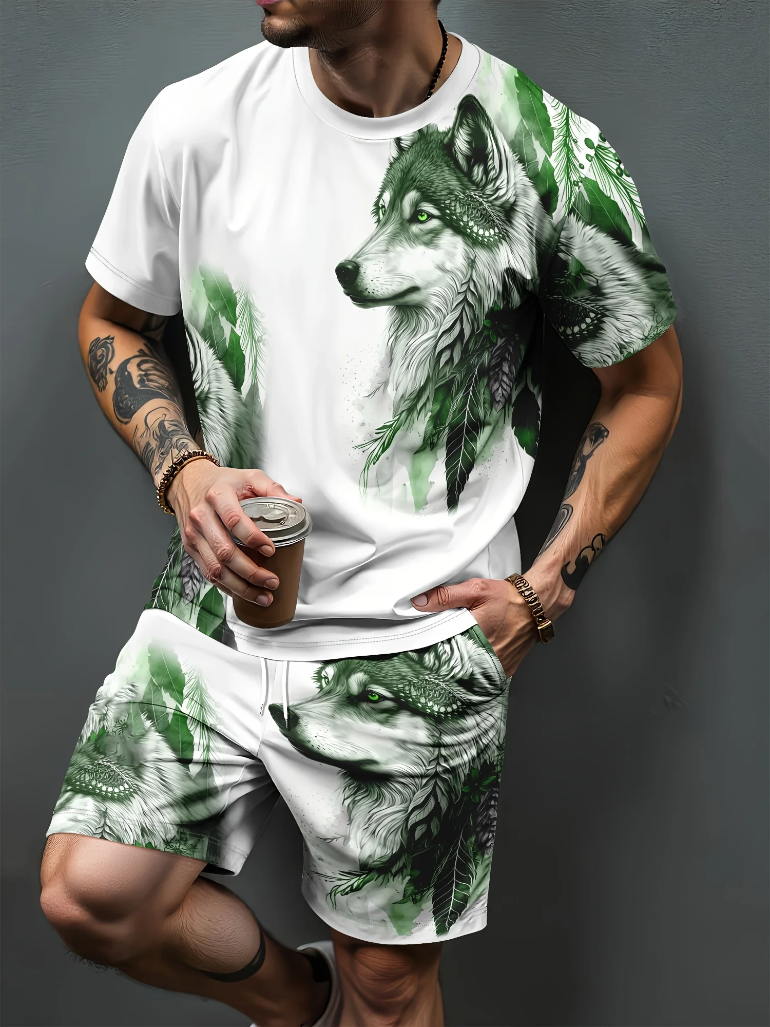 Summer New Arrival Wolf Print 3D Pattern Casual Men's Set Short-Sleeve Shirt and Shorts Two-Piece Set Everyday Casual Men's Wear