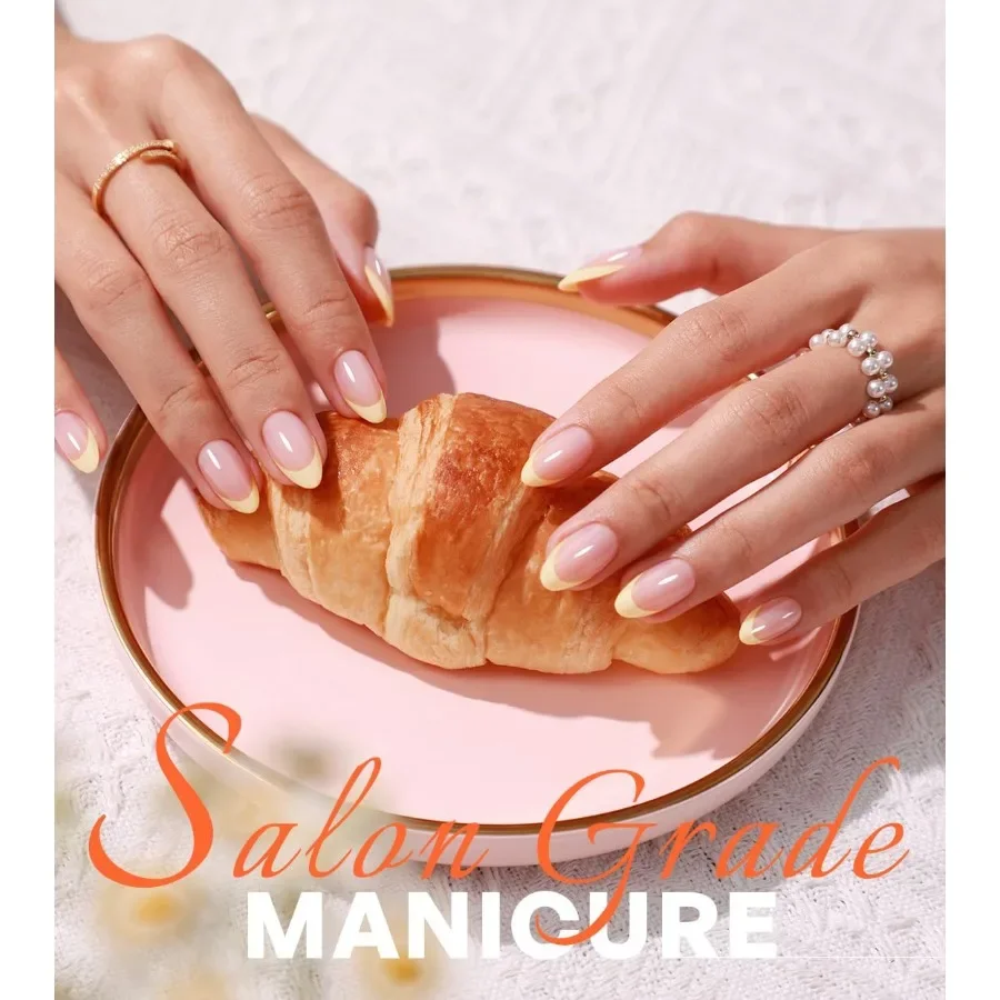 Żółte tipsy francuskie na wcisk, wiosenne, w kształcie migdału, krótkie, w kolorze masłowego żółta, z miękkiego żelu, sztuczne paznokcie o oszałamiającej jakości salonowej.