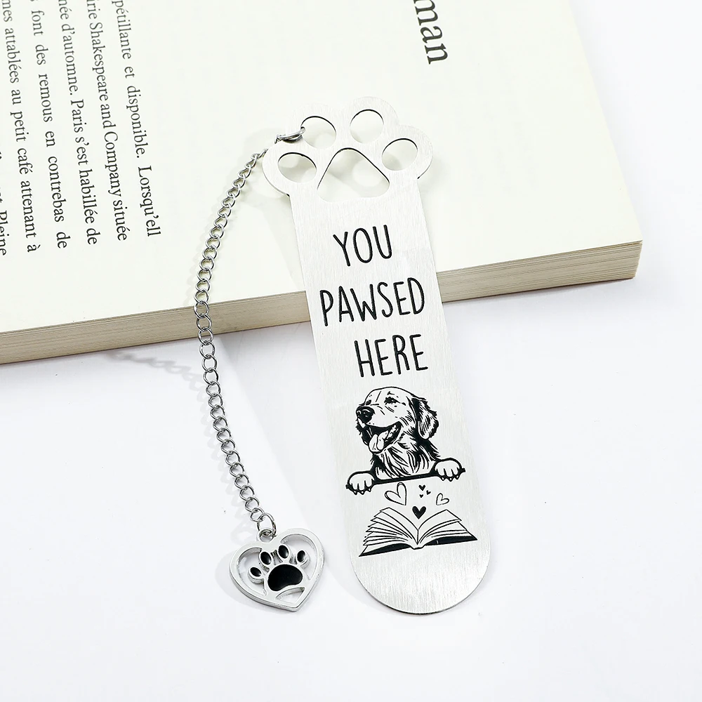 Metal Stainless Steel Bookmark Creative Dog Paw Design Bookmark with Chain Pendant, Birthday Gift for Dog Lovers