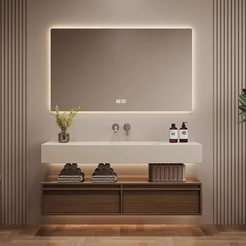 for Bathroom Hand Wash Washbasin Furniture Sets Solid Wood Cabinet Rock Slab Seamless Integrated Basin Antique Style Vanity