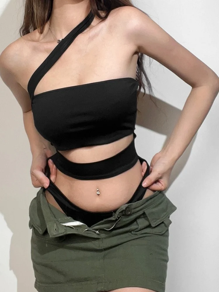 الصلبة الأسود ارتداءها الملابس الداخلية مثير قمم للنساء نادي الزي يميل طوق الجسم Feminino قطعة واحدة الجوف خارج Y2k الملابس #2