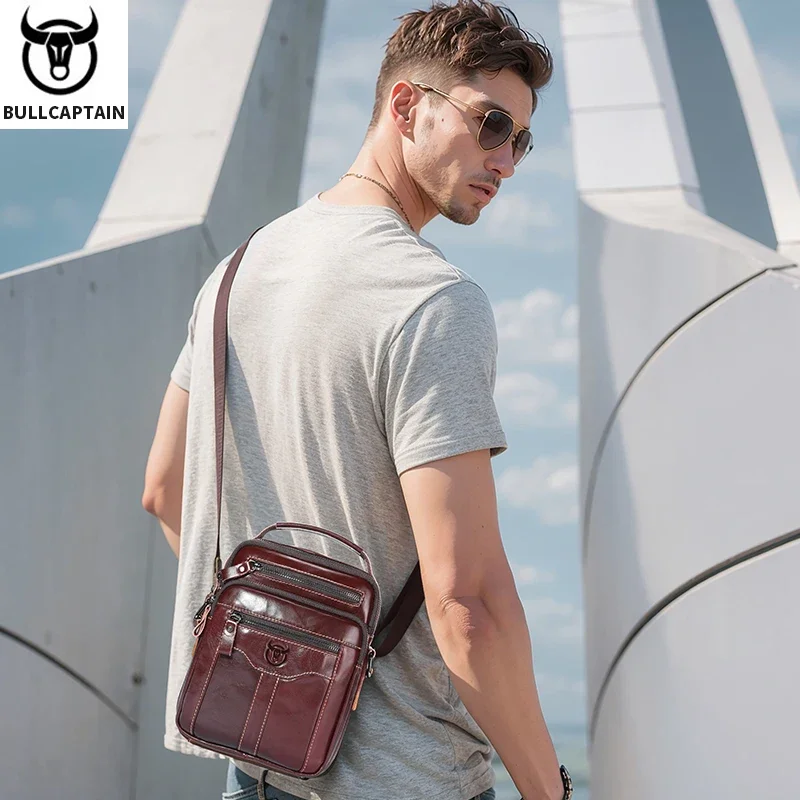 BULLCAPTAIN Men's Genuine Leather Shoulder Crossbody Bag Business 7.9-inch Tablet Bag Multifunctional Portable Envelope Bag