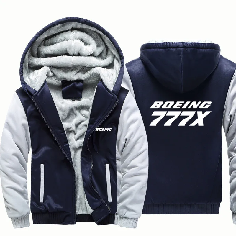 Hot Boeing 777-X Fleece Warm Wool Aviation Pilots Flight Men Coat Jackets Autumn Winter Zipper Hooded Thick Hoodies Sweatshirts