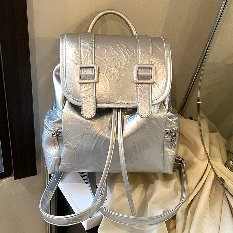 

Cute Fashion Silver Backpack For Women England Style Shoulder Messenger Bags Large Lightweight Student's Shcool Shoulder Bags