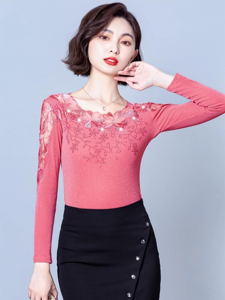 

Women Lace Rhinestone Embellished Long Sleeve Base Top Autumn Winter Fleece Lined Thickened Stylish Tee Shirt Elegant Inner Wear