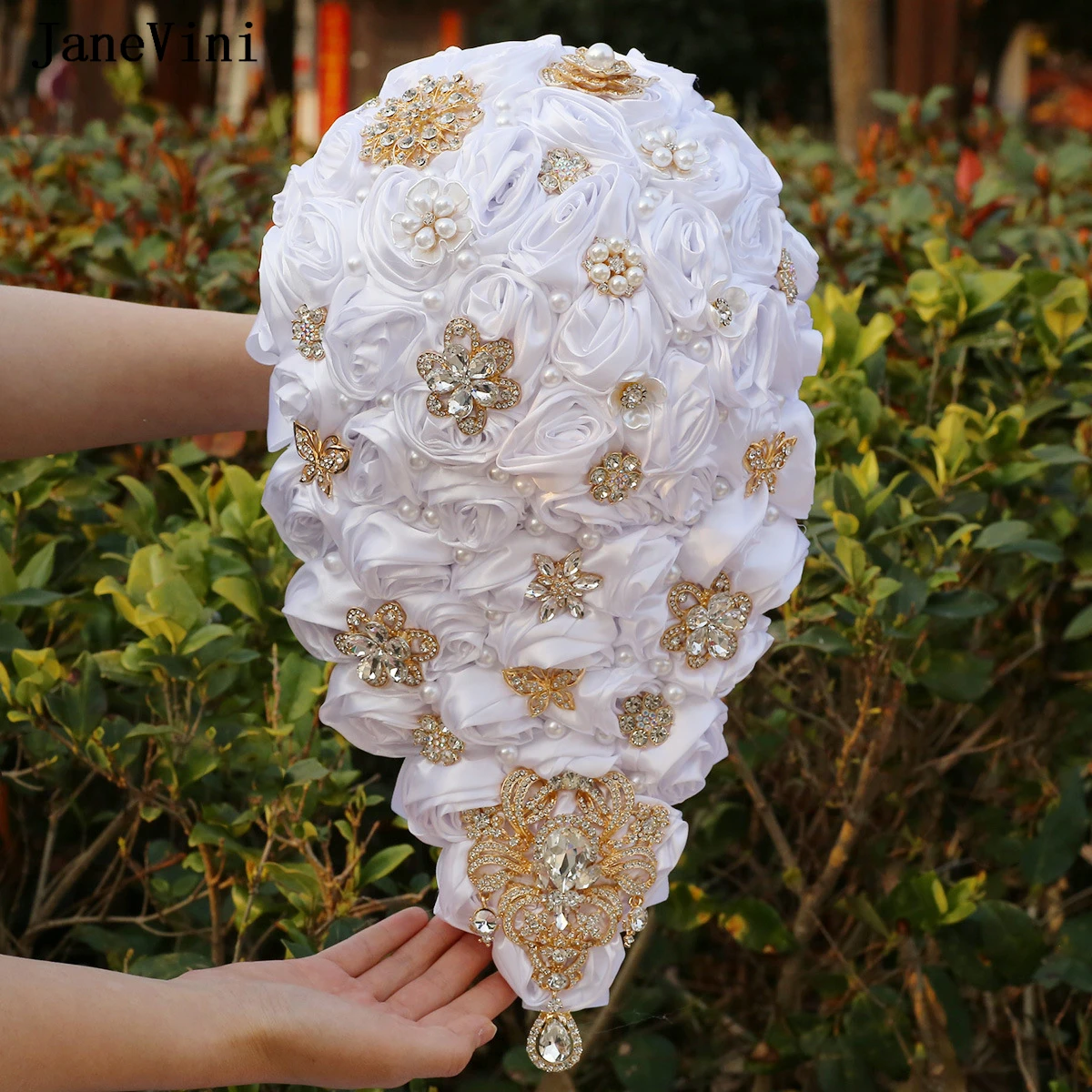 

JaneVini Bling Golden Rhinestones Waterfall Bridal Bouquets Artificial Ivory Roses Cascading Flowers Bouquet Wedding Accessories