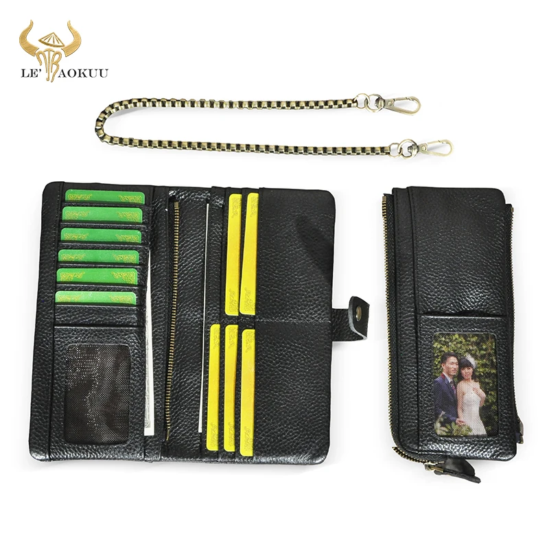 

Hot Sale Thick Original Leather Travel Business Organizer Chain RFID Wallet For Men Long Zipper Male Purse Card Holder 1803