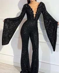 2024 New Women Jumpsuit Sequin Elegant Casual Women's V-neck Bat-sleeved Top Black Solid Straight Fashion Long Jumpsuits