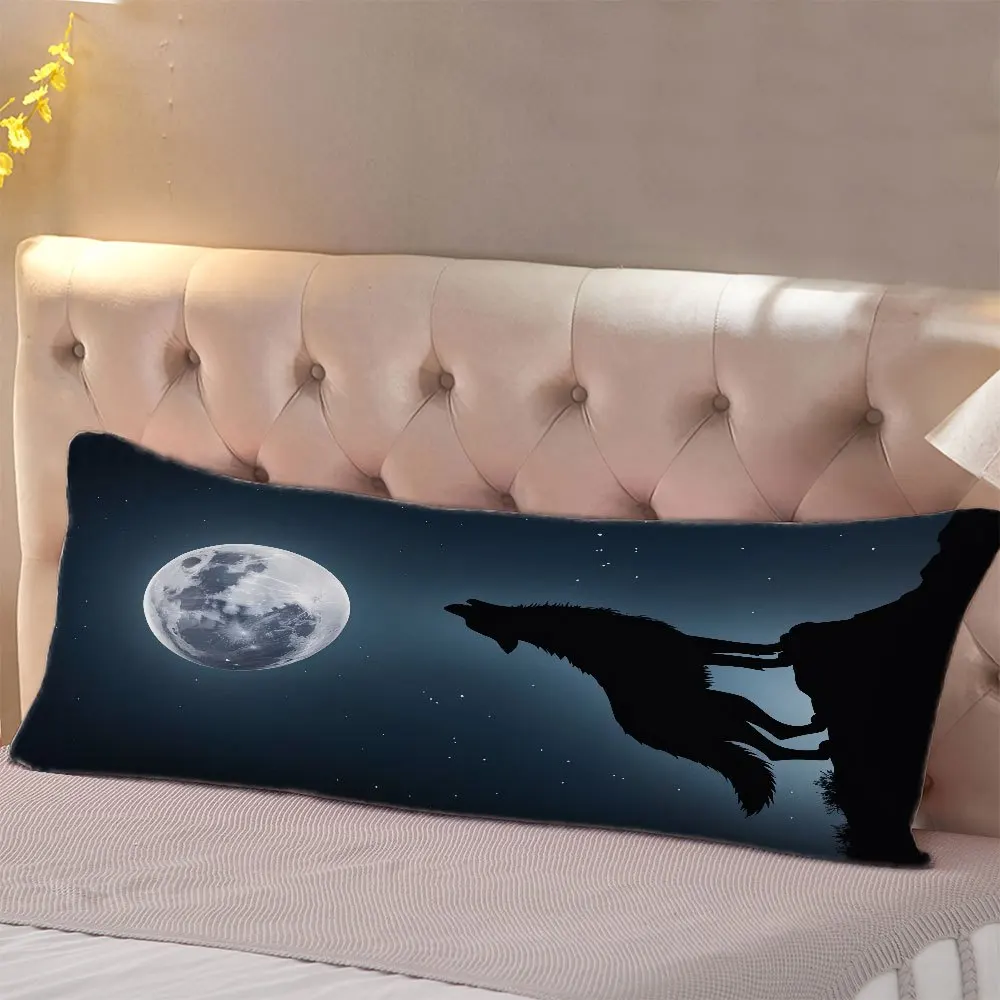 Fluorescent Full-Body Support Pillowcase, 20X54 Inches, Double-Sided Wolf And Moon Design, Modern Style, Made of Polyester Fiber