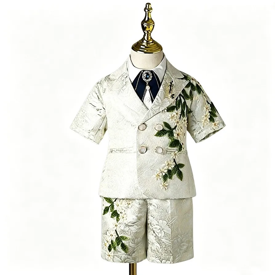 Boys Short Sleeve Tuxedo Suit Kids Jacquard Floral Embroidery Set Children Wedding Pageant Party Costume A2226