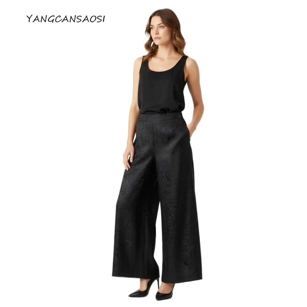 

Женская осенняя одежда, 100% натуральный шелк шелковицы, гамбургеры, Гуандун, марля, черный жаккард, модные свободные прямые брюки