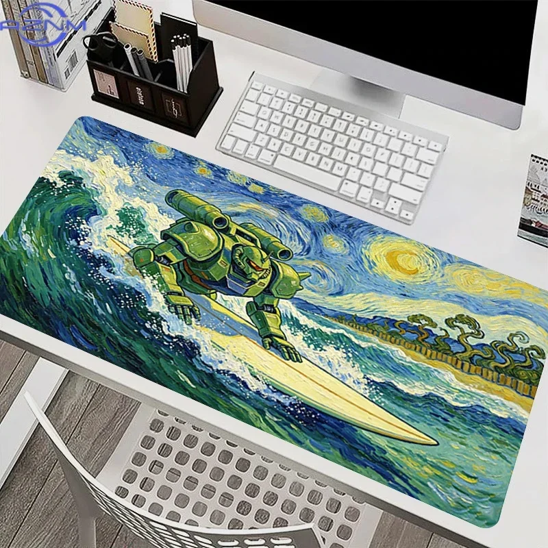 Oil Painting Starry Sky Wave Background Surfing Green Mecha Robot Mouse Pad, Rubber Non Slip Backing, Smooth Surface Gaming Desk