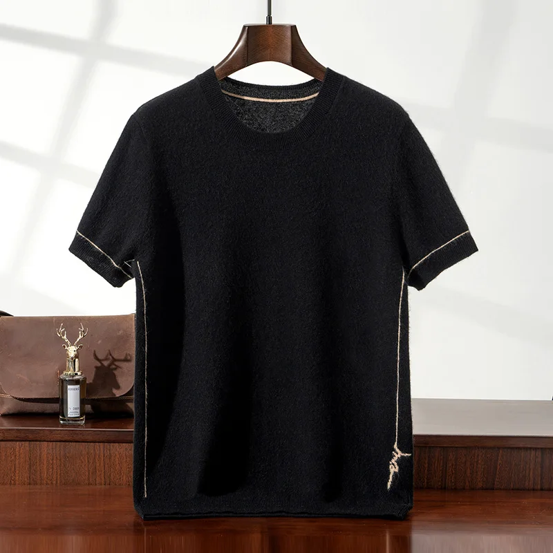 Exquisite 100% Cashmere Short Sleeve Men's T-Shirt Fashion Round Neck Knitted Half Sleeve Thin Loose Casual Business Sweater