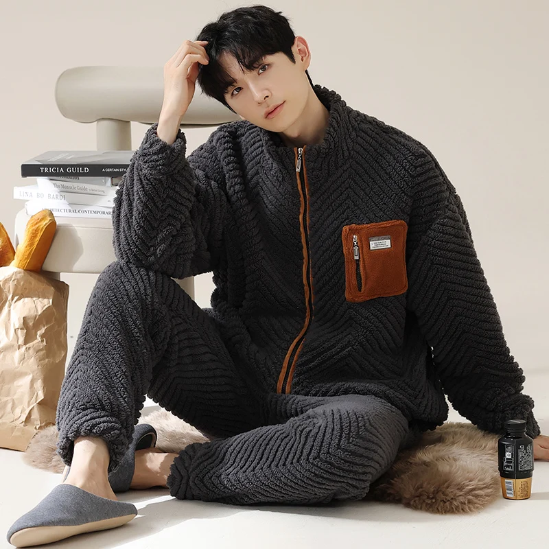 High Quality Men Pajamas Set Winter Thick Warm Flannel Pyjama Male Long Sleeve Sleepwear Casual Pyjama