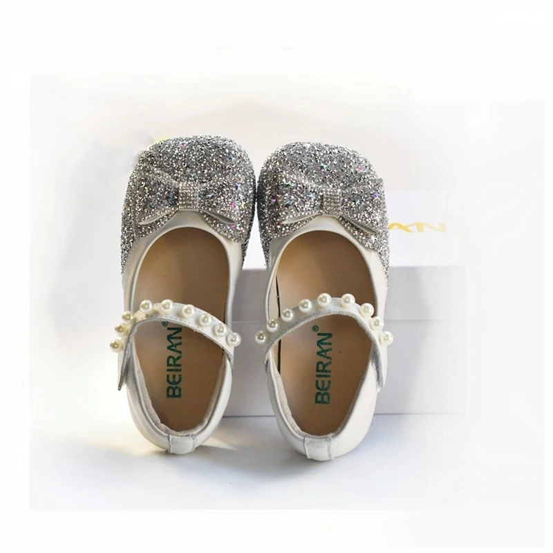 

Spring Autumn Girls Shoes Mary Jane Fashion Rhinestone Pearl Children's Flats Cute Bow Genuine Leather Kids Evening Shoes