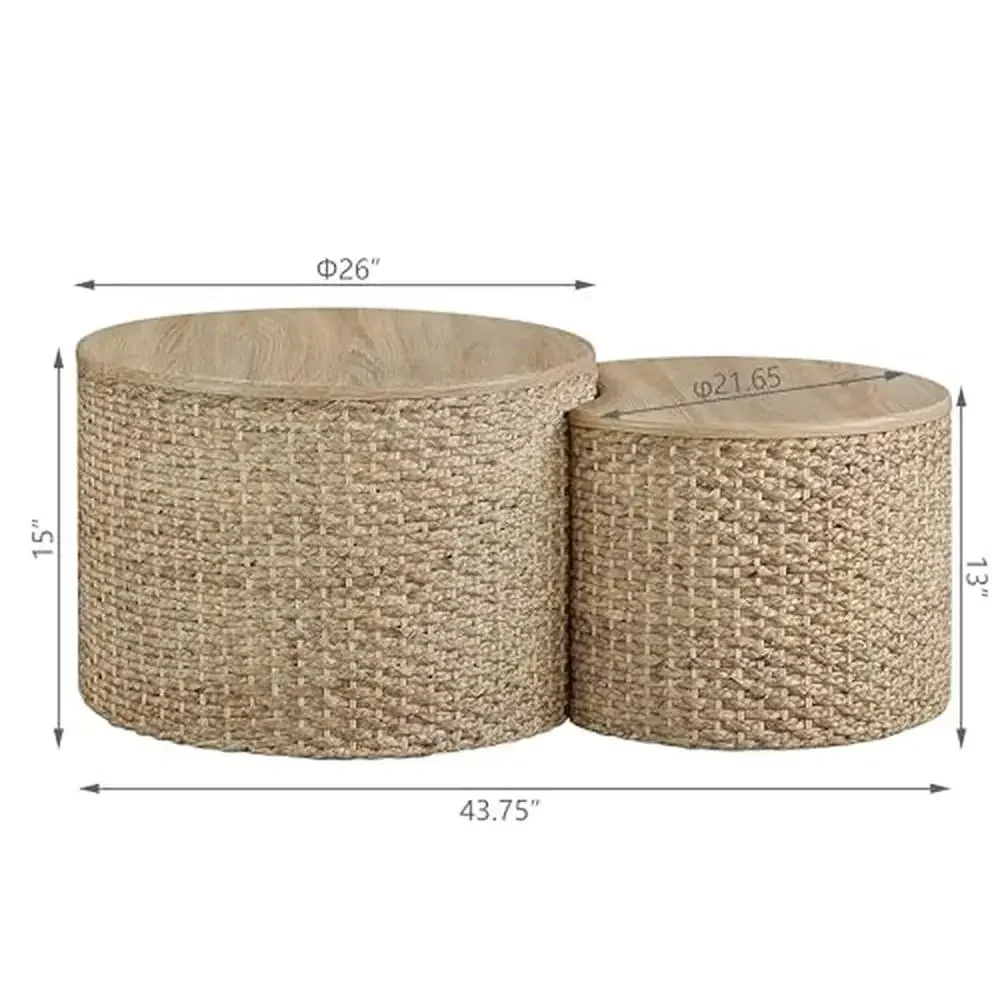 Round Rattan Coffee Table Set Storage Space Industrial Design Stable Base Versatile Use Eco-Friendly Materials Easy Maintenance