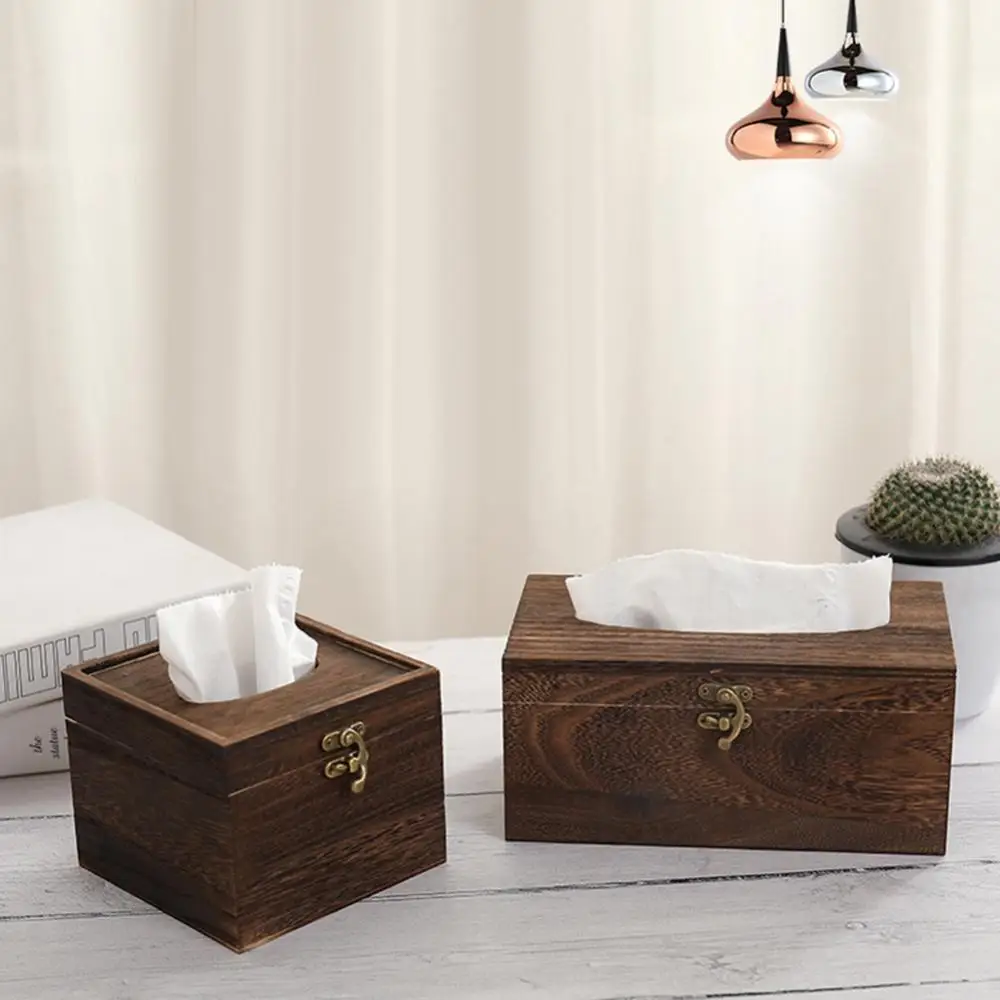 Wooden Tissue Box Paper Napkin Holder Dispenser Case Bamboo Black Walnut Car Home Rectangle Shaped Bathroom Office Desk Decor