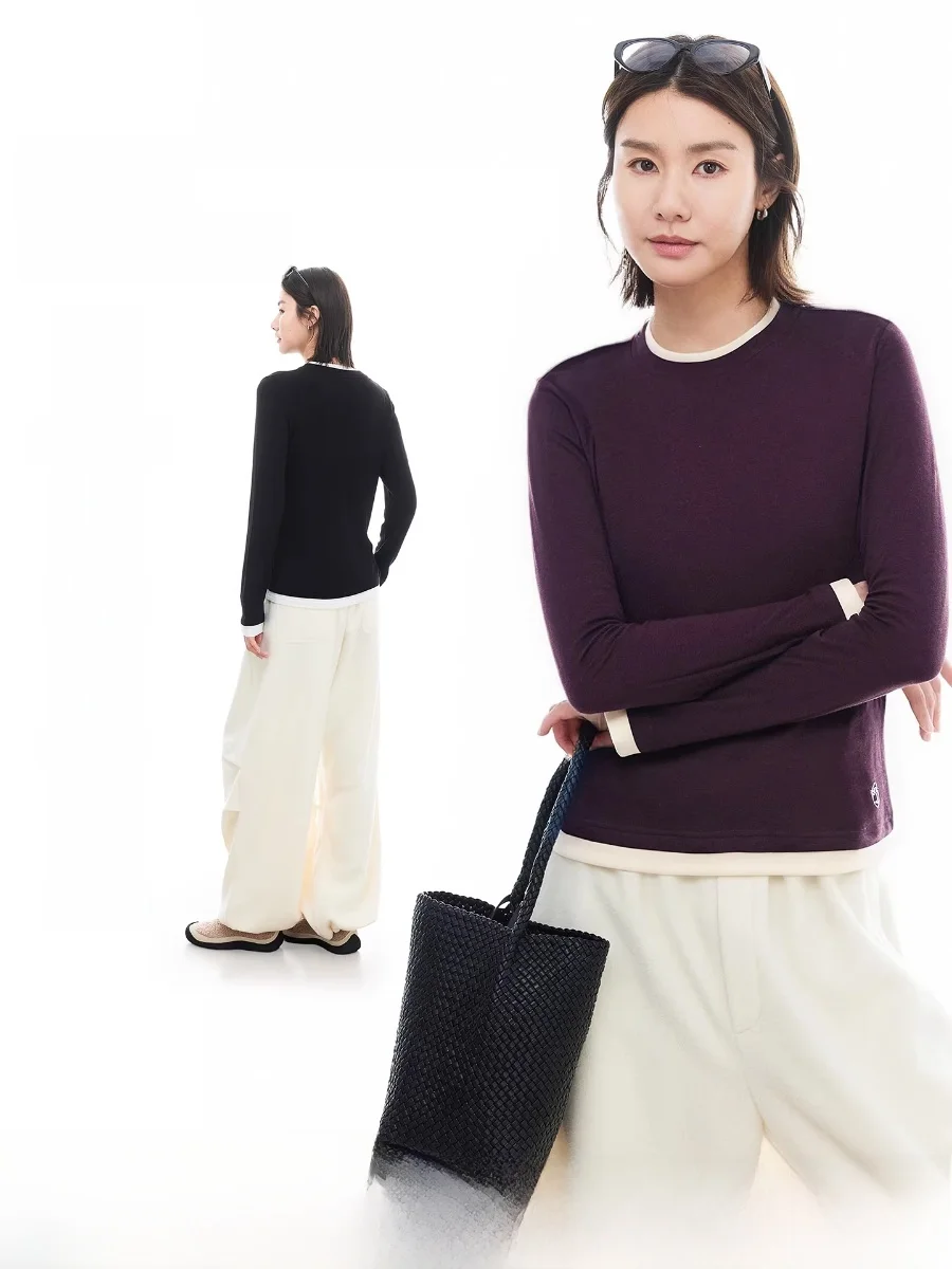 

Cloud Life Casual Sle Long Sve Silk Blend T-irt Women's Faionable Fake Two-Piece Top Soft Comfortable Autumn Winter