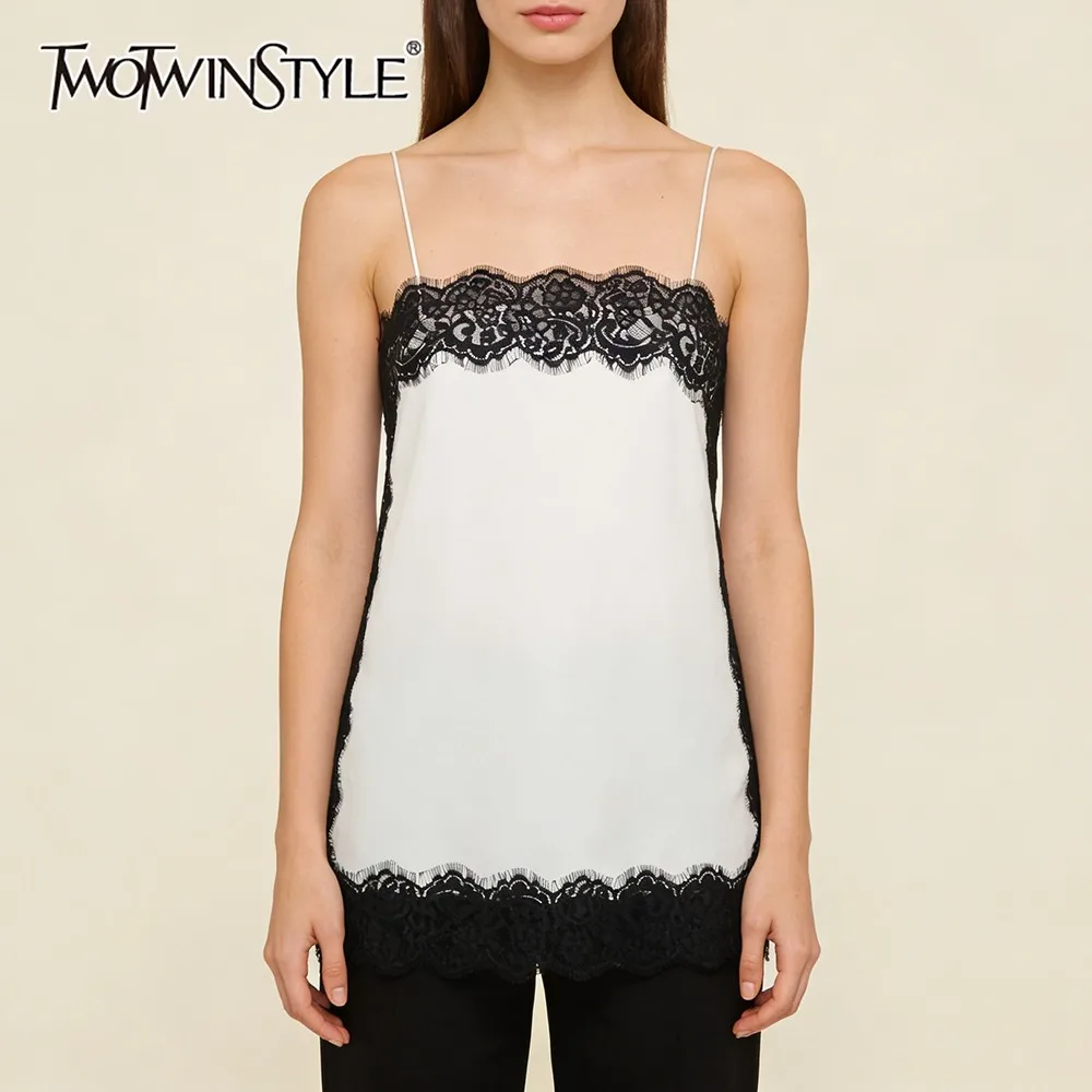 TWOTWINSTYLE Sexy French Retro Satin Vest for Women Square Collar Sleeveless Hit Color Lace Slimming Basics Tank Tops Female New