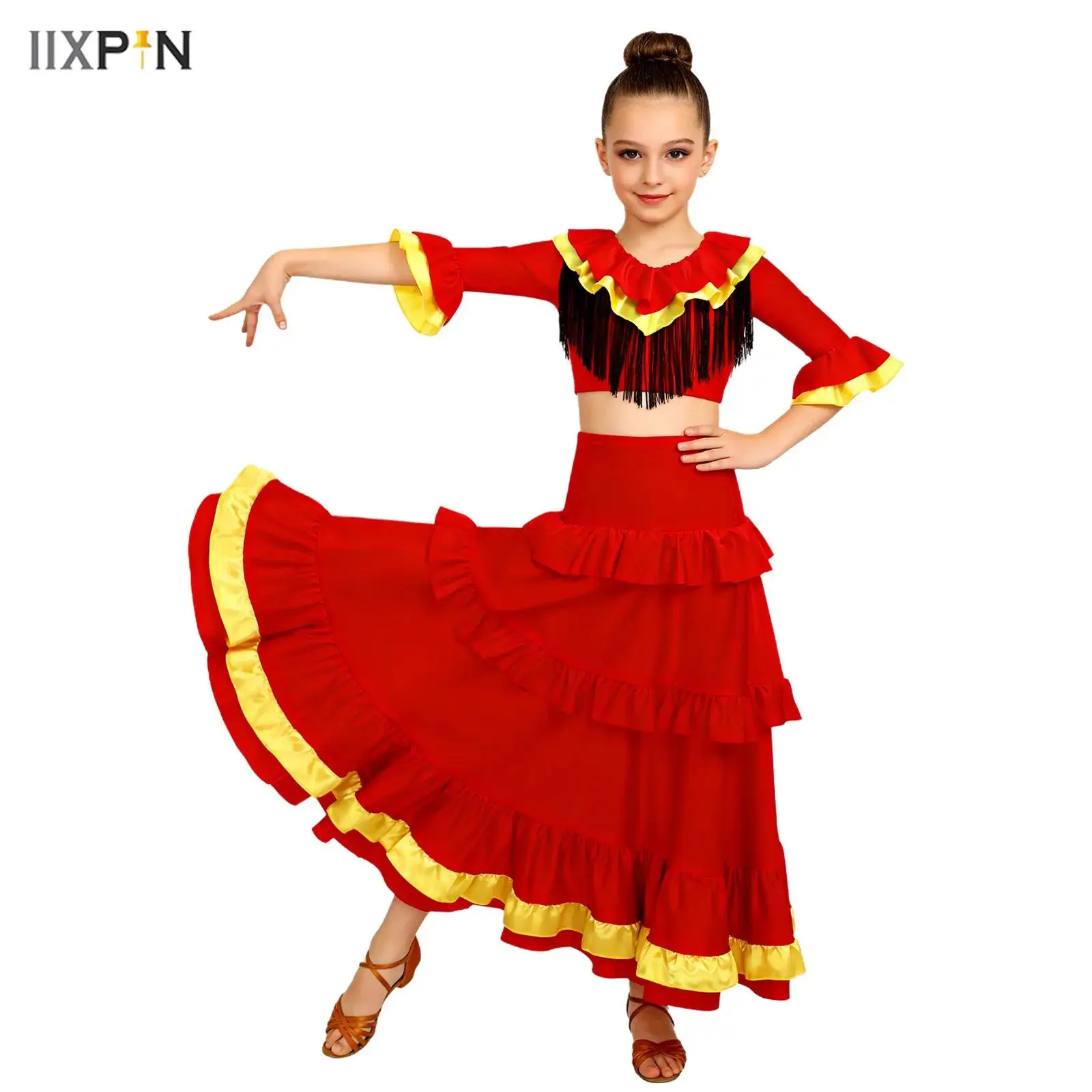 

Children Girl Bullfight Performance Dancing Dress Half Sleeves Tassel Crop Top+Tiered Skirt Color Block Flamenco Dance Outfits