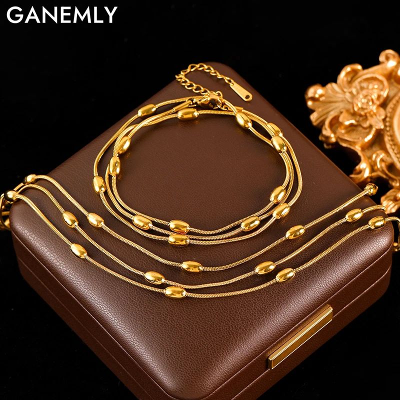 GANEMLY 316L Stainless Steel Multilayer Wearing Chain Necklace Bracelet Set For Women New Trendy Gold Color Waterproof  Jewelry