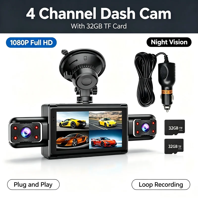 4 Channel Dash Cam 360 Panoramic Car DVR WiFi 1080P Full HD 170° Wide Angle Night Vision 24H Parking Monitor G-Sensor Front Rear