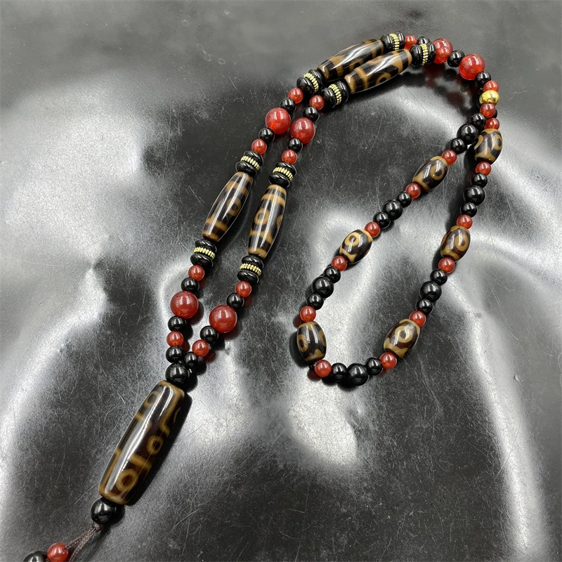 

-style vintage nine- dzi sweater chain, Tibetan old agate three-eyed necklace