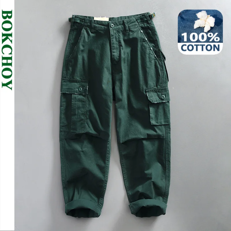 

2024 Spring New 100% Cotton Casual Cargo Pants for Men Vintage Big Pocket Trousers Streetwear Men ATZ650