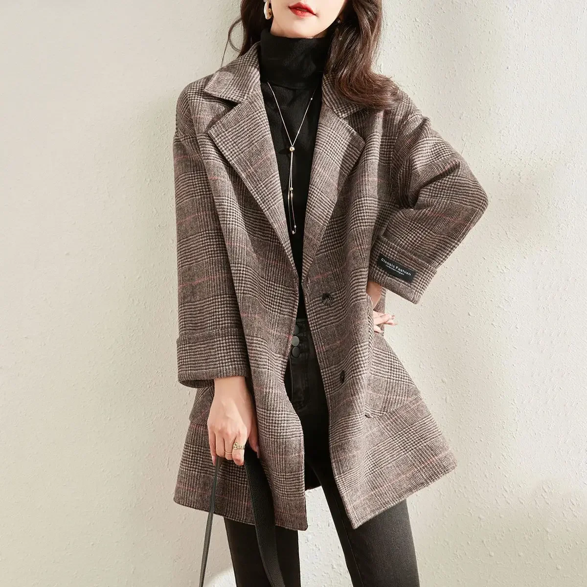 Abrigo holgado de mezcla de lana de Tweed de longitud media para mujer, ropa de invierno caliente, chaqueta de mezcla de prendas de vestir exteriores, chaqueta elegante de manga larga para mujer 2024