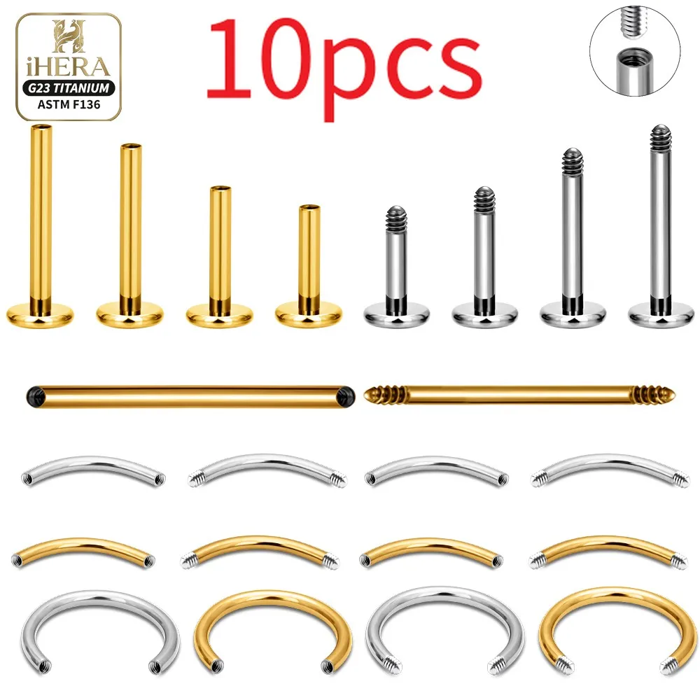 G23 Titanium Mix Piercing Replacement Parts Internal Threaded Labret Lip Post Curved Barbell Straight Bar Circular Horseshoe Set